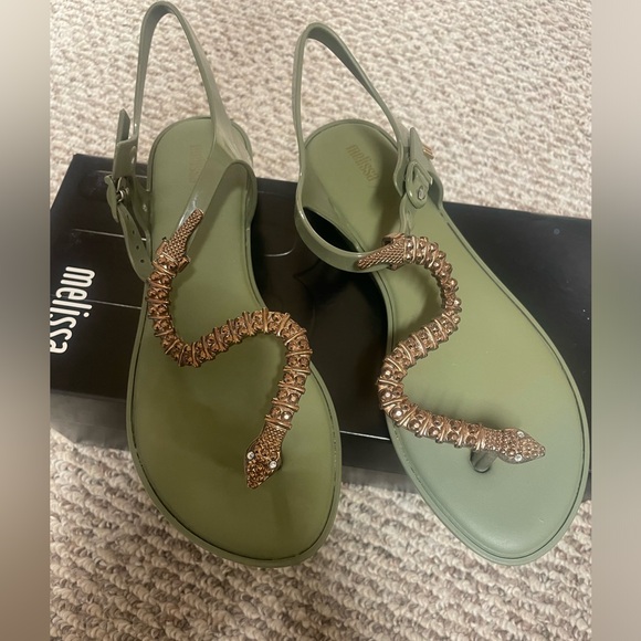 Melissa bobo green and bronze serpent/snake sandal flip flop size 6 - Picture 2 of 11